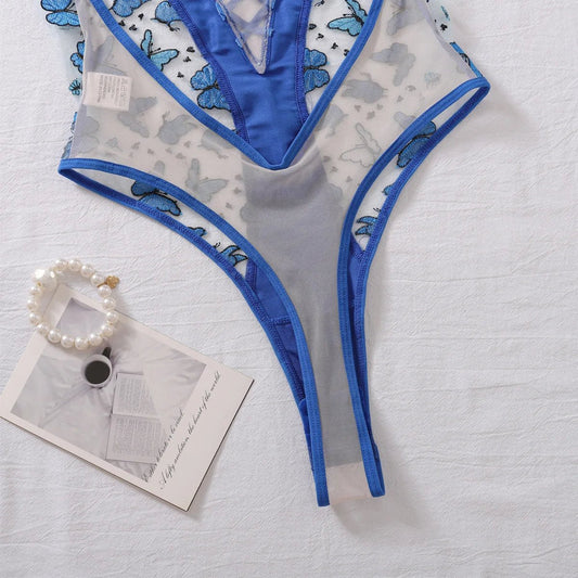 Ellolace Butterfly Embroidery Lace Bodysuit Patchwork Lace Body Clothes Beautiful Translucent Bra Crotchless Sexy Top Lingeries - WAREHOUSE SHOP