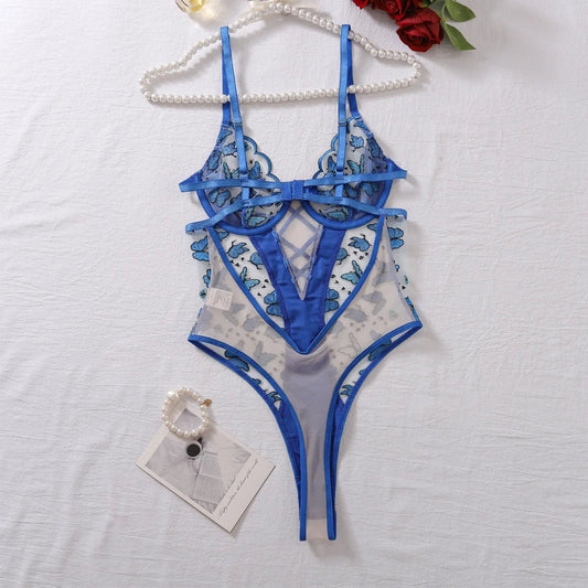 Ellolace Butterfly Embroidery Lace Bodysuit Patchwork Lace Body Clothes Beautiful Translucent Bra Crotchless Sexy Top Lingeries - WAREHOUSE SHOP