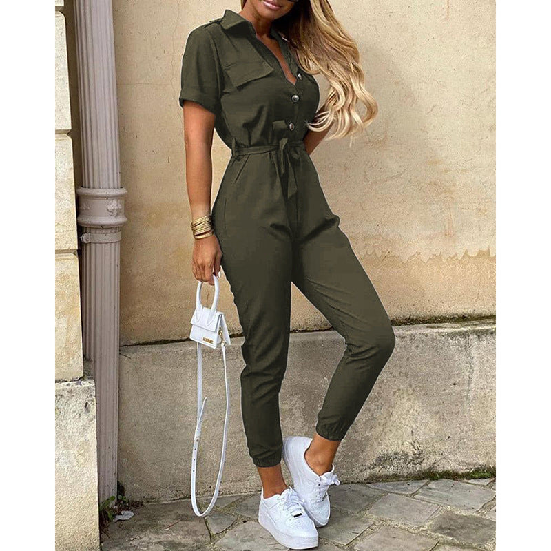 Classic, Casual, Lapel Printed Belt Overalls, Jumpsuit for women