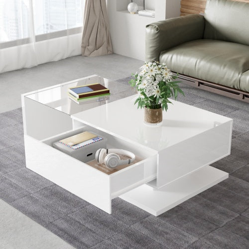 Modern White LED Coffee Table with Glass Top