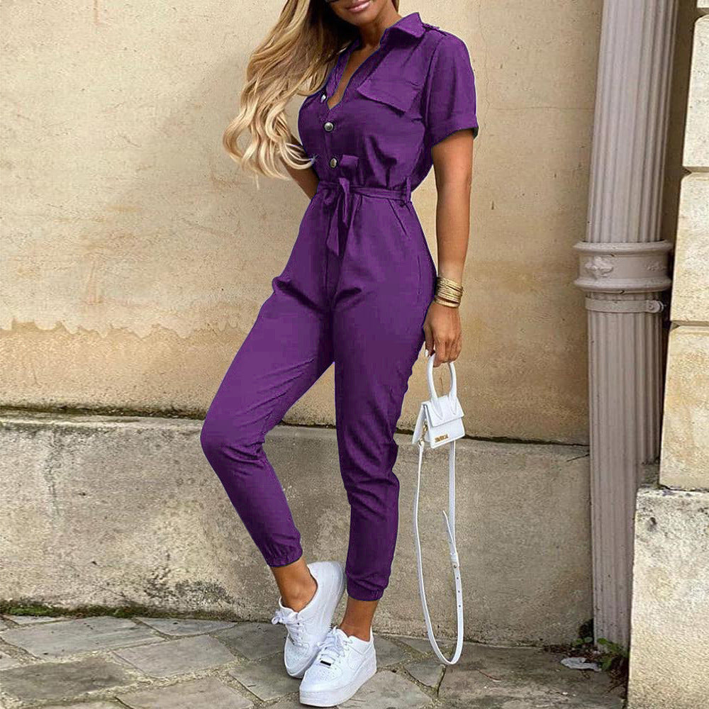 Classic, Casual, Lapel Printed Belt Overalls, Jumpsuit for women