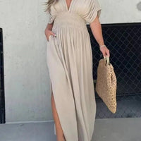 Fashion Bat - sleeved V - neck Slit Dress Summer Short Sleeve Elastic Waist Long Dresses Womens Clothing - WAREHOUSE SHOP