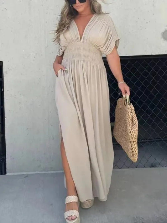 Fashion Bat - sleeved V - neck Slit Dress Summer Short Sleeve Elastic Waist Long Dresses Womens Clothing - WAREHOUSE SHOP