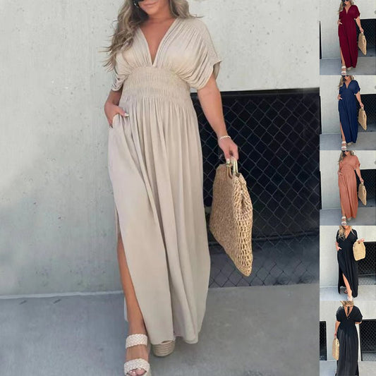 Fashion Bat - sleeved V - neck Slit Dress Summer Short Sleeve Elastic Waist Long Dresses Womens Clothing - WAREHOUSE SHOP