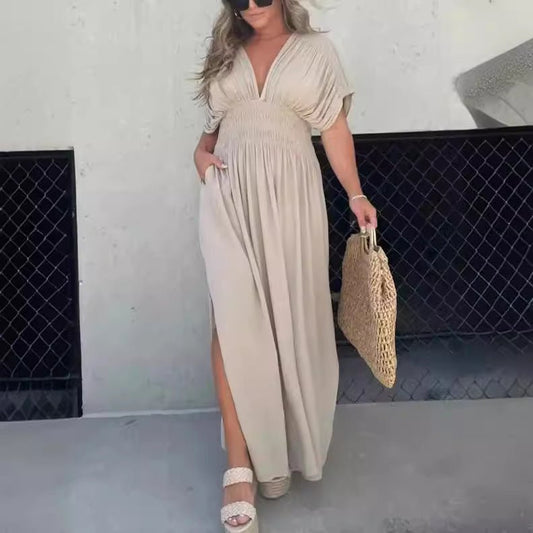 Fashion Bat - sleeved V - neck Slit Dress Summer Short Sleeve Elastic Waist Long Dresses Womens Clothing - WAREHOUSE SHOP