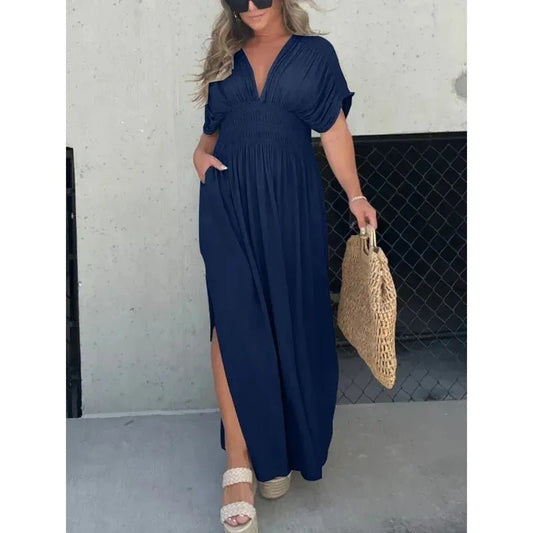 Fashion Bat - sleeved V - neck Slit Dress Summer Short Sleeve Elastic Waist Long Dresses Womens Clothing - WAREHOUSE SHOP