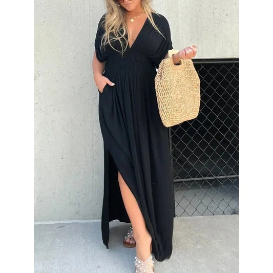 Fashion Bat - sleeved V - neck Slit Dress Summer Short Sleeve Elastic Waist Long Dresses Womens Clothing - WAREHOUSE SHOP