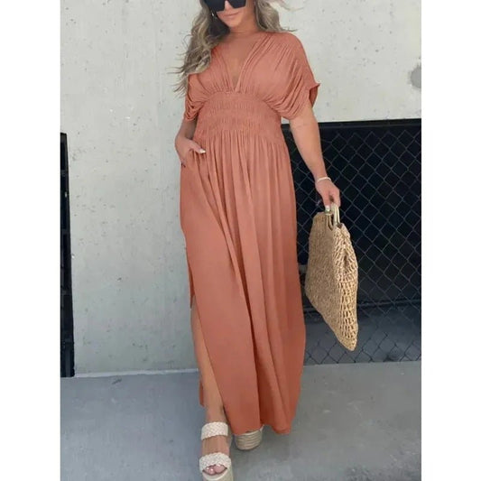 Fashion Bat - sleeved V - neck Slit Dress Summer Short Sleeve Elastic Waist Long Dresses Womens Clothing - WAREHOUSE SHOP