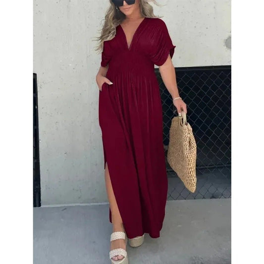 Fashion Bat - sleeved V - neck Slit Dress Summer Short Sleeve Elastic Waist Long Dresses Womens Clothing - WAREHOUSE SHOP