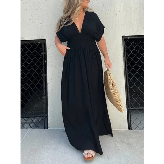 Fashion Bat - sleeved V - neck Slit Dress Summer Short Sleeve Elastic Waist Long Dresses Womens Clothing - WAREHOUSE SHOP