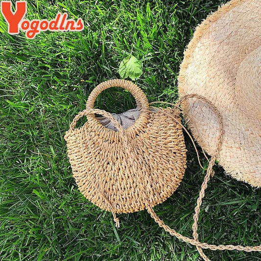 Fashion Handmade Yogodlns Half - Round Rattan Woven Straw Bag. Women Crossbody Bags, Ladies Small Beach Handbag - WAREHOUSE SHOP