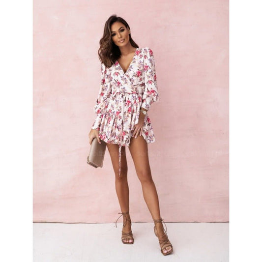 Fashion Printed V - neck Ruffled Long Sleeve Dress - WAREHOUSE SHOP