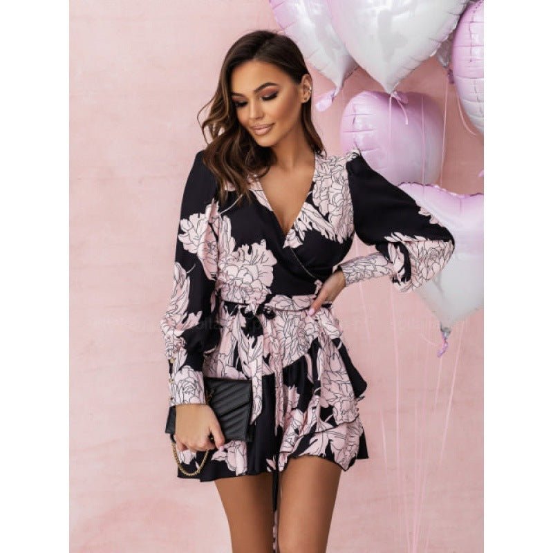 Fashion Printed V - neck Ruffled Long Sleeve Dress - WAREHOUSE SHOP