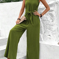 Fashion Solid Jumpsuit For Women Casual Sleeveless V Neck Lace - Up Wide Leg Pants Jumpsuits Lady Summer Holiday Womens Clothing - WAREHOUSE SHOP