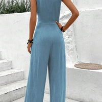 Fashion Solid Jumpsuit For Women Casual Sleeveless V Neck Lace - Up Wide Leg Pants Jumpsuits Lady Summer Holiday Womens Clothing - WAREHOUSE SHOP