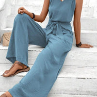 Fashion Solid Jumpsuit For Women Casual Sleeveless V Neck Lace - Up Wide Leg Pants Jumpsuits Lady Summer Holiday Womens Clothing - WAREHOUSE SHOP