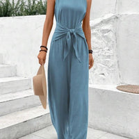 Fashion Solid Jumpsuit For Women Casual Sleeveless V Neck Lace - Up Wide Leg Pants Jumpsuits Lady Summer Holiday Womens Clothing - WAREHOUSE SHOP