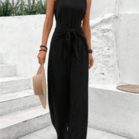 Fashion Solid Jumpsuit For Women Casual Sleeveless V Neck Lace - Up Wide Leg Pants Jumpsuits Lady Summer Holiday Womens Clothing - WAREHOUSE SHOP