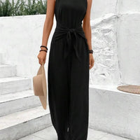 Fashion Solid Jumpsuit For Women Casual Sleeveless V Neck Lace - Up Wide Leg Pants Jumpsuits Lady Summer Holiday Womens Clothing - WAREHOUSE SHOP