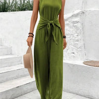 Fashion Solid Jumpsuit For Women Casual Sleeveless V Neck Lace - Up Wide Leg Pants Jumpsuits Lady Summer Holiday Womens Clothing - WAREHOUSE SHOP