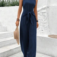Fashion Solid Jumpsuit For Women Casual Sleeveless V Neck Lace - Up Wide Leg Pants Jumpsuits Lady Summer Holiday Womens Clothing - WAREHOUSE SHOP