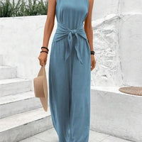 Fashion Solid Jumpsuit For Women Casual Sleeveless V Neck Lace - Up Wide Leg Pants Jumpsuits Lady Summer Holiday Womens Clothing - WAREHOUSE SHOP