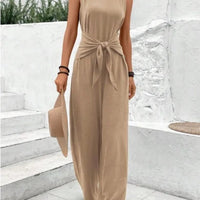 Fashion Solid Jumpsuit For Women Casual Sleeveless V Neck Lace - Up Wide Leg Pants Jumpsuits Lady Summer Holiday Womens Clothing - WAREHOUSE SHOP