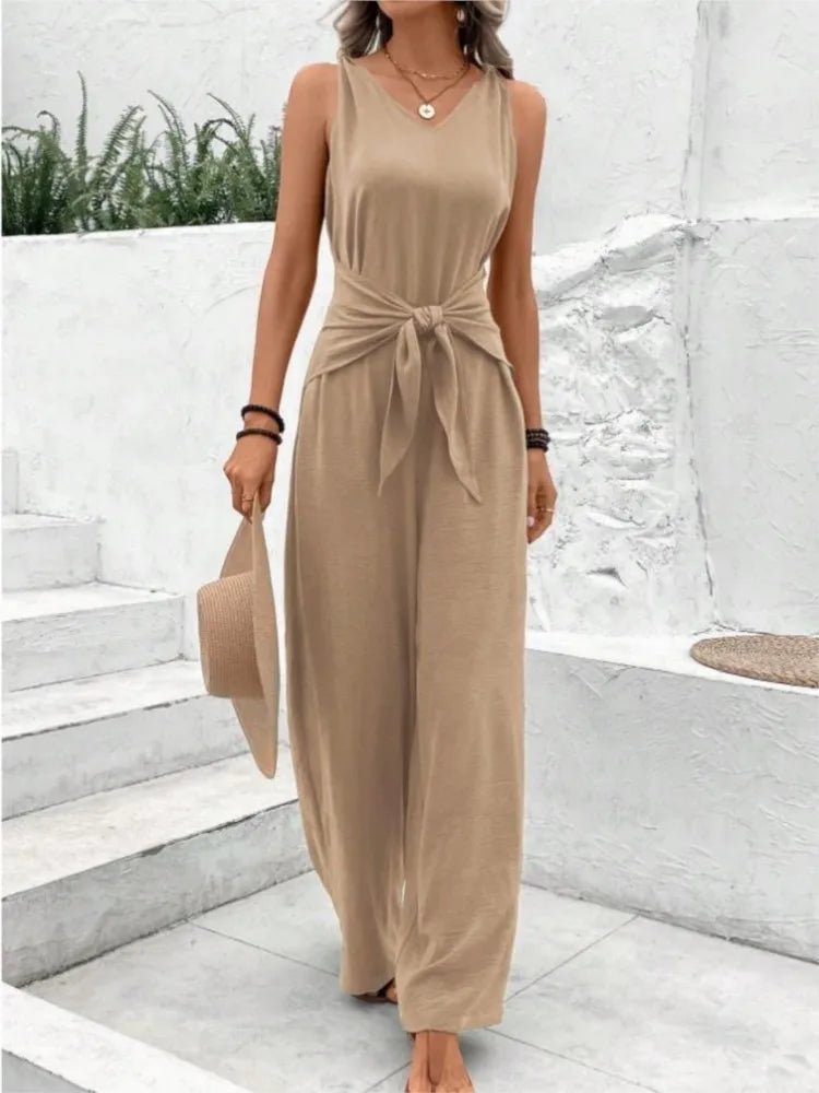 Fashion Solid Jumpsuit For Women Casual Sleeveless V Neck Lace - Up Wide Leg Pants Jumpsuits Lady Summer Holiday Womens Clothing - WAREHOUSE SHOP