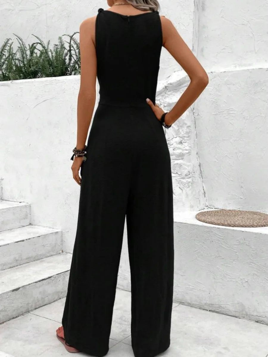 Fashion Solid Jumpsuit For Women Casual Sleeveless V Neck Lace - Up Wide Leg Pants Jumpsuits Lady Summer Holiday Womens Clothing - WAREHOUSE SHOP