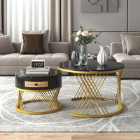 2-in-1 Marble Coffee Table with Rattan Storage