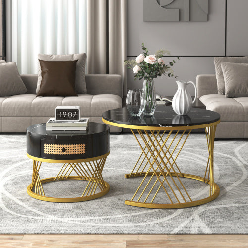 2-in-1 Marble Coffee Table with Rattan Storage