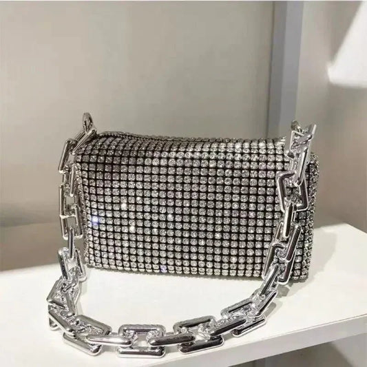 Glitter Chain Rhinestone Bucket Bag, Prom Purse, Women's Mini Crossbody Bag. - WAREHOUSE SHOP