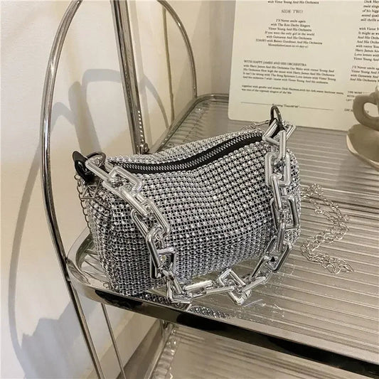 Glitter Chain Rhinestone Bucket Bag, Prom Purse, Women's Mini Crossbody Bag. - WAREHOUSE SHOP