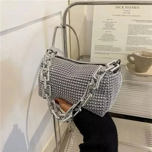 Glitter Chain Rhinestone Bucket Bag, Prom Purse, Women's Mini Crossbody Bag. - WAREHOUSE SHOP