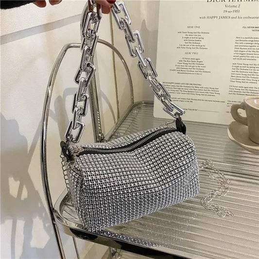 Glitter Chain Rhinestone Bucket Bag, Prom Purse, Women's Mini Crossbody Bag. - WAREHOUSE SHOP