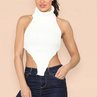 High Neck Roll Knitted Backless Front Cropped Top - WAREHOUSE SHOP