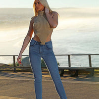 High Neck Roll Knitted Backless Front Cropped Top - WAREHOUSE SHOP