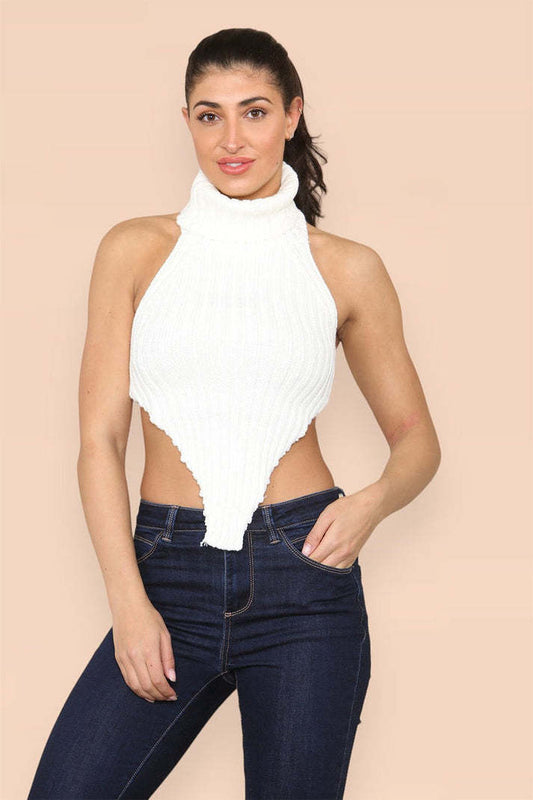 High Neck Roll Knitted Backless Front Cropped Top - WAREHOUSE SHOP