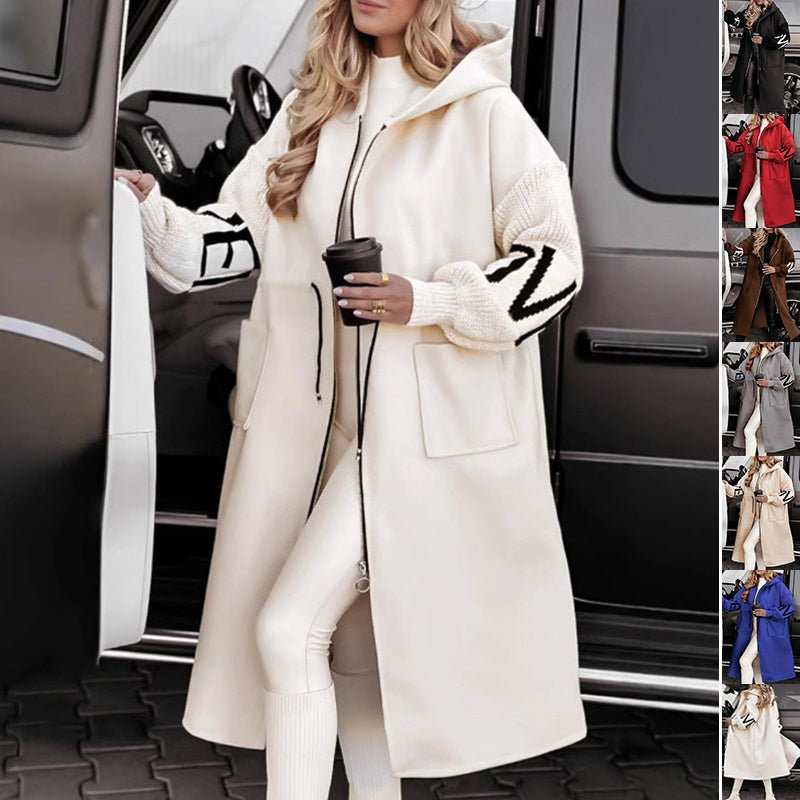 Hooded Windbreaker Long Jacket With Pockets And Drawstring Design Solid Color Knit - Sleeved Trench Coat For Women Clothing Fall Winter - WAREHOUSE SHOP