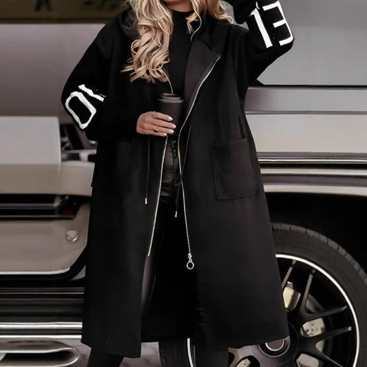 Hooded Windbreaker Long Jacket With Pockets And Drawstring Design Solid Color Knit - Sleeved Trench Coat For Women Clothing Fall Winter - WAREHOUSE SHOP
