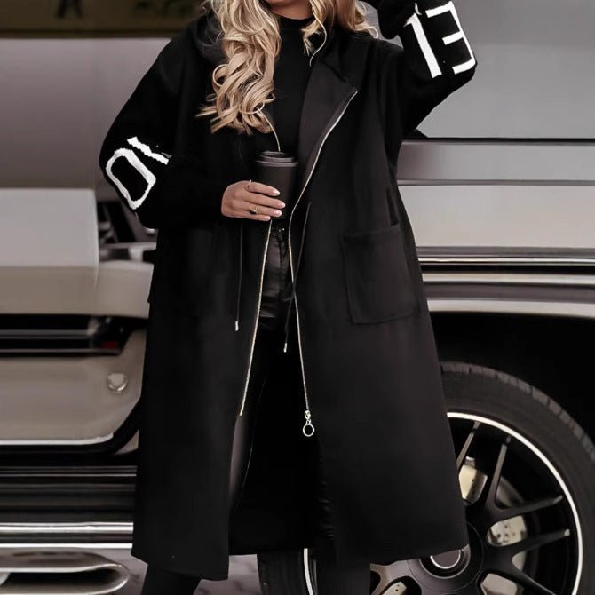 Hooded Windbreaker Long Jacket With Pockets And Drawstring Design Solid Color Knit - Sleeved Trench Coat For Women Clothing Fall Winter - WAREHOUSE SHOP