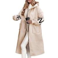 Hooded Windbreaker Long Jacket With Pockets And Drawstring Design Solid Color Knit - Sleeved Trench Coat For Women Clothing Fall Winter - WAREHOUSE SHOP