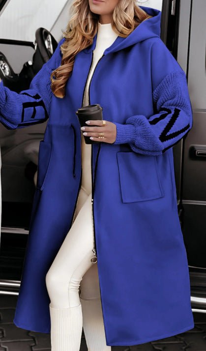 Hooded Windbreaker Long Jacket With Pockets And Drawstring Design Solid Color Knit - Sleeved Trench Coat For Women Clothing Fall Winter - WAREHOUSE SHOP