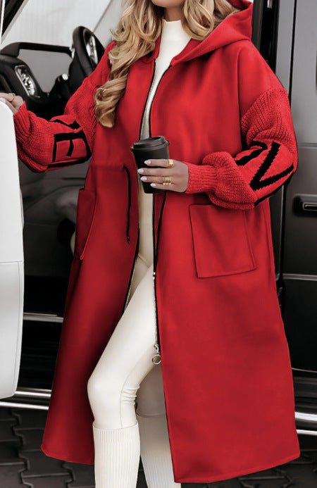 Hooded Windbreaker Long Jacket With Pockets And Drawstring Design Solid Color Knit - Sleeved Trench Coat For Women Clothing Fall Winter - WAREHOUSE SHOP