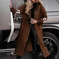 Hooded Windbreaker Long Jacket With Pockets And Drawstring Design Solid Color Knit - Sleeved Trench Coat For Women Clothing Fall Winter - WAREHOUSE SHOP