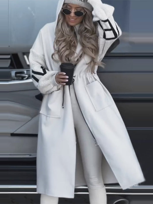 Hooded Windbreaker Long Jacket With Pockets And Drawstring Design Solid Color Knit - Sleeved Trench Coat For Women Clothing Fall Winter - WAREHOUSE SHOP