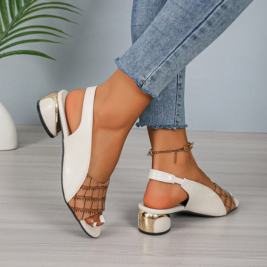 Ins Plaid Stone Pattern Sandals Summer Peep Toe Block Heels Ankle - strap Office Shoes For Women - WAREHOUSE SHOP