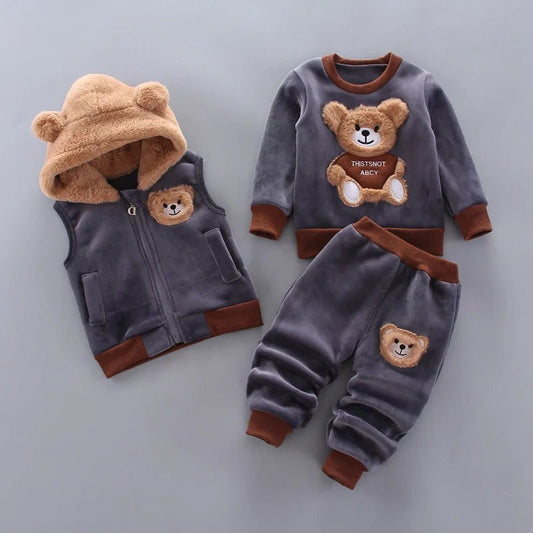 Kids’ 3 - piece cartoon clothing set with hooded sweater, perfect for boys and girls ages 0–4 for autumn and winter wear. - WAREHOUSE SHOP