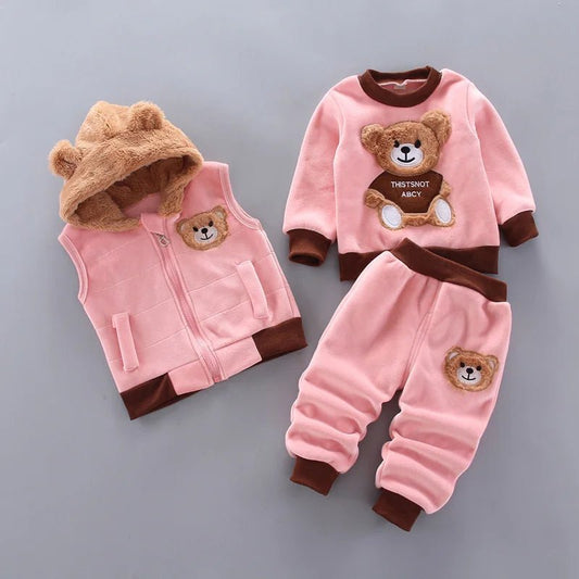 Kids’ 3 - piece cartoon clothing set with hooded sweater, perfect for boys and girls ages 0–4 for autumn and winter wear. - WAREHOUSE SHOP