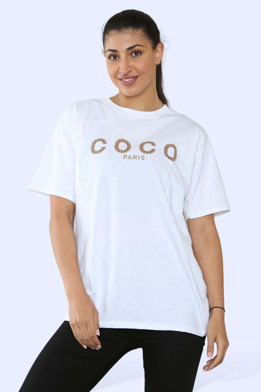 Ladies Coco Paris Printed Short Sleeve T-Shirt Top - WAREHOUSE SHOP